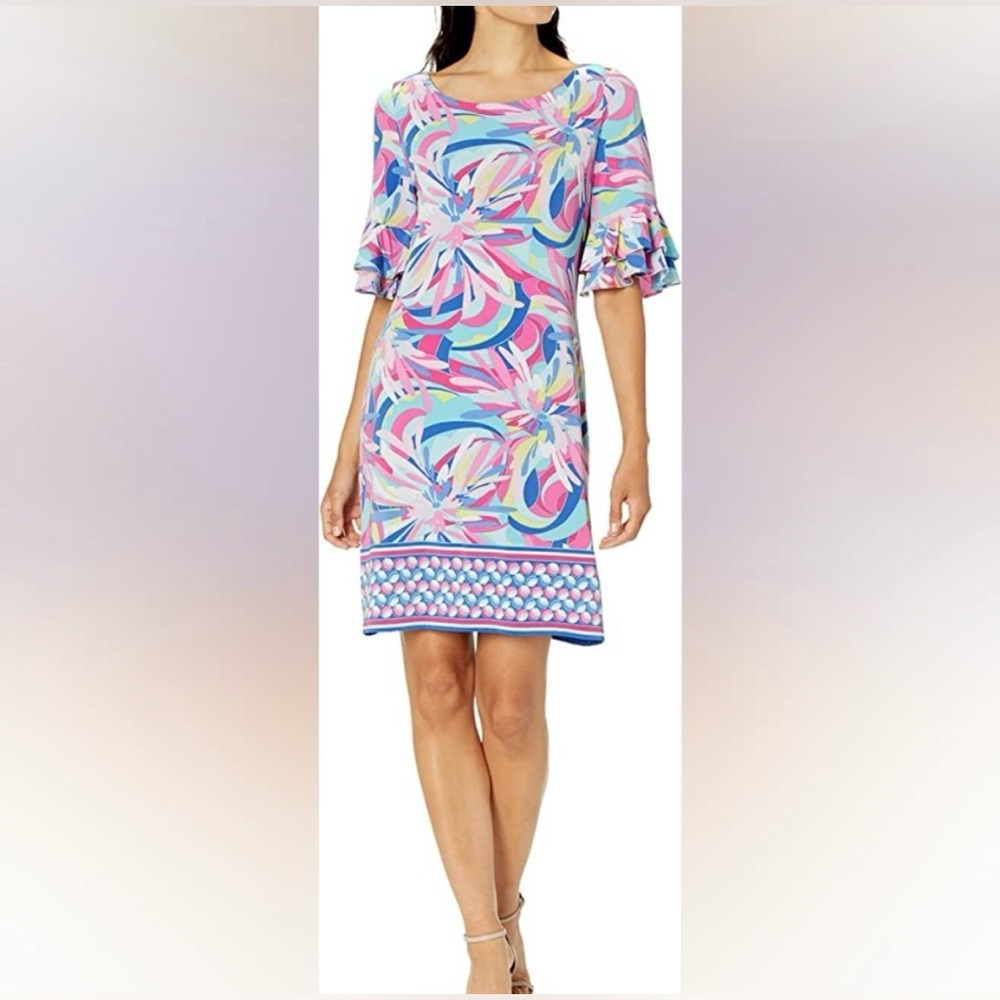 Pappagallo Victoria Shift Dress Cactus Rose Ruffle Sleeve Pastel Floral M